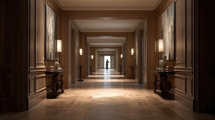 a corridor adorned with light walnut wood panels, set in a cozy and magnificent residence, beautifully designed.