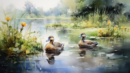Akwarelowy obraz przedstawiający kaczki na jeziorze. 