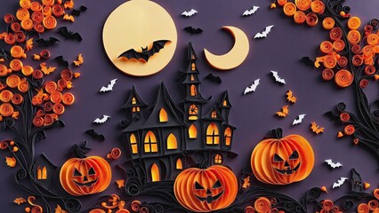 halloween background with the witch house, fall trees and bats.