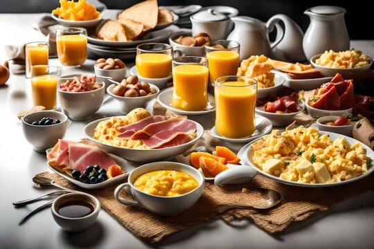 Breakfast served with coffee, orange juice, scrambled eggs, cereals, ham and cheese