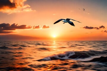 Fototapeta na wymiar Beautiful Nature of Sunset and Flying Seagull Over the Sea on Twilight Sky 
