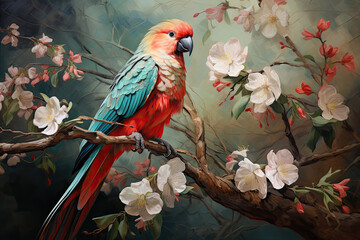 Papuga siedząca na gałęzi kwitnącego drzewa. 
