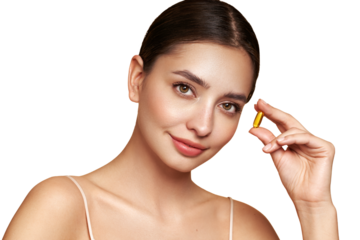 Vitamins. Close Up Of Happy Beautiful Girl With Pill With Cod Liver Oil Omega-3. Nutrition. Vitamin D, E, A Fish Oil Capsules. Healthy Lifestyle. Sport, Diet Concept