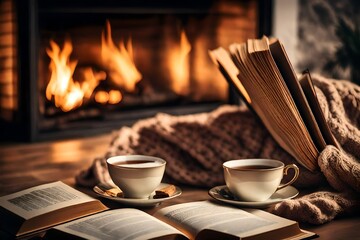 Obraz na płótnie Canvas Cup of tea and book near fireplace at home. Cozy atmosphere