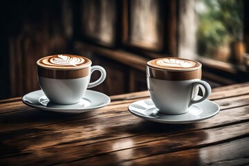 two cappuccino cups on the brown wooden table 