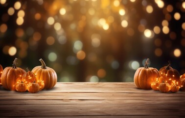 Naklejka na ściany i meble background template with free pumpkins, in the style of bokeh panorama, wood, award-winning