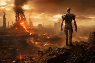 World being destroyed while watching a robot with a human figure. Generative IA 