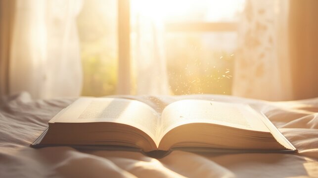 Old book, open page, white novel, study reading, morning light splashing diagonally through the background.
