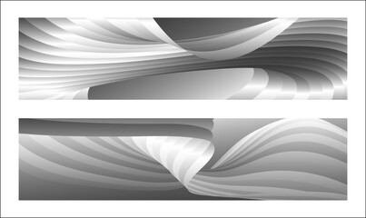 Fototapeta na wymiar Monochrome cover design, abstract background. Wavy silver parallel gradient lines, ribbons, silk. Set of 2 backgrounds. Black and white with shades of gray banner, poster. eps vector