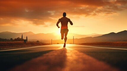 Silhouette of man running sprinting on road. Fit male fitness runner during outdoor workout with sunset background