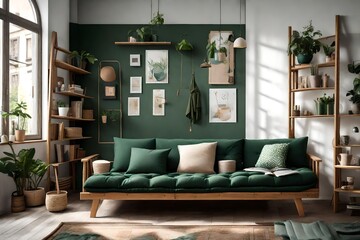 Dark green futon mattress sofa with two decorative cushions placed in Nordic style girl room interior with windows and wooden rack with books and posters