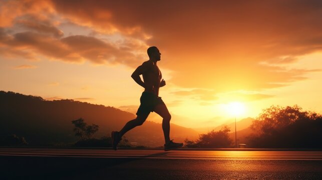 Silhouette of man running sprinting on road. Fit male fitness runner during outdoor workout with sunset background