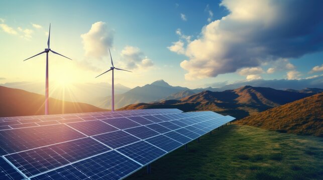 Solar panel with wind turbines against mountains and sky as background - image