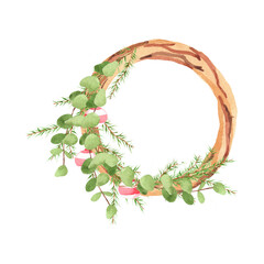 Watercolor Christmas Wreath - hand drawn illustration frame for merry christmas design postcards, invitations isolated on white background. Winter floral greeting card. Green fir twigs and red berries