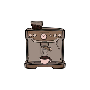 Stylish coffee machine. Doodle vector illustration coffee brewing. Coffee aesthetics. Hand drawn. 