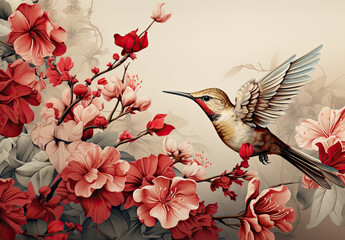 Koliber siedzący na gałęzi kwitnącego drzewa.  - obrazy, fototapety, plakaty