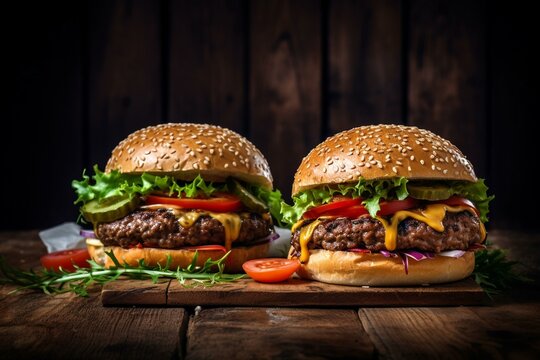 Two savory homemade burgers made with beef, cheese, and vegetables on a rustic wooden table. Generative AI