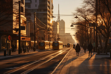 Fototapeta premium Sunset over city skyline, on the subway over ground train station