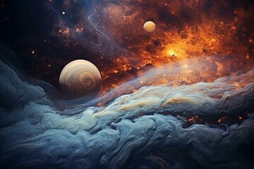 Breathtaking scene: Jupiter and ethereal gaseous nebula's captivating motion beside Earth. Generative AI - obrazy, fototapety, plakaty
