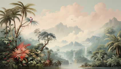 Egzotyczny krajobraz lasu tropikalnego z ptakami i górami w tle.  - obrazy, fototapety, plakaty