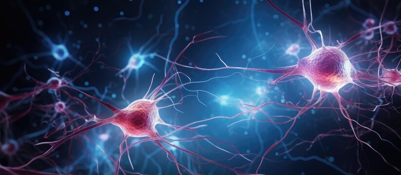 Motor neurons of the spinal cord are part of the central nervous system and can be observed through a staining technique used in microscopy With copyspace for text