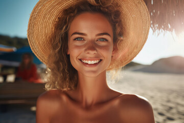 Happy woman on beach wearing straw hat 