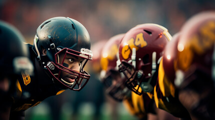 Fototapeta premium Two Professional American Football Teams Stand Opposite Each Other, Ready to Start the Game. Defense and Offense Prepare to Fight for the Ball with Desire to Score Points and the Goal and Win