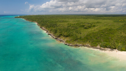 wonderful aerial view of coastline and turquoise ocean in zanzibar at sunny day, tanzania.