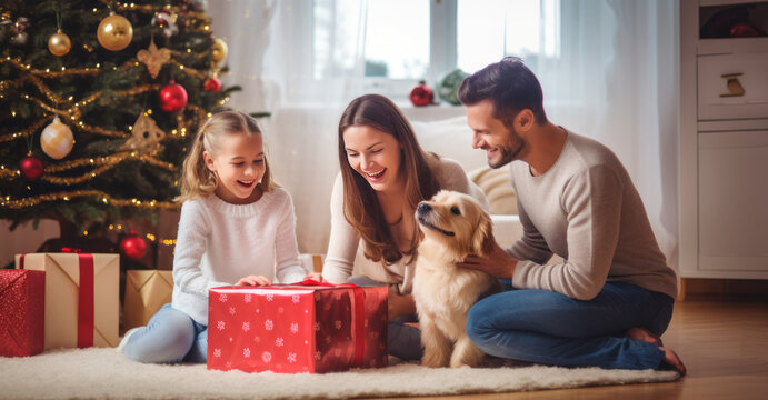 Happy Little Family Exchanging Gifts on Christmas Morning: Daughter Receiving their Gifts. Happy Children Getting New Toys from Mom and Dad, with Family Dog Sharing the Moment