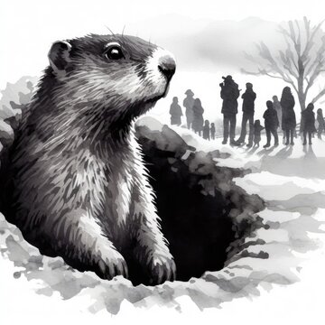 Groundhog on groundhog day looking out from hole with people silhouettes watching.