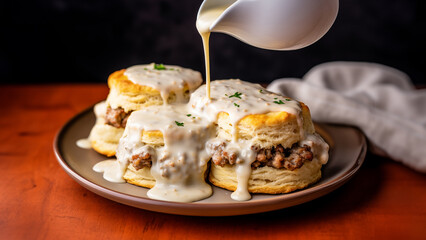 Morning Delicacy: Rich Biscuits Drenched in Sausage Gravy