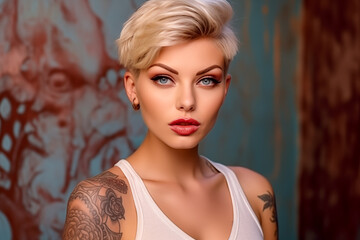 Young blonde woman with short blond hair, beautiful face, healthy skin and tattoos, looking at camera isolated on beige