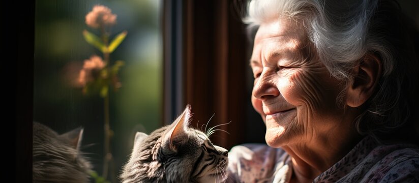 Elderly woman finds comfort with her cat at home for mental health emotional support and love