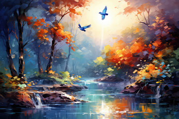 Kolorowy obraz przedstawiający ptaki nad rzeką w lesie. 