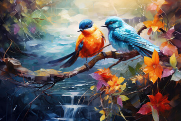 Kolorowy obraz przedstawiający ptaki nad rzeką w lesie. 
