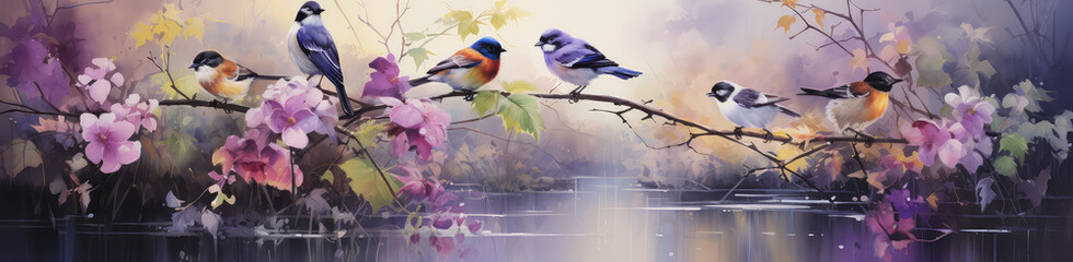 Panorama z egzotycznymi kolorowymi ptakami na kwitnącej gałęzi.  - obrazy, fototapety, plakaty