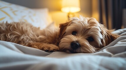 Pet dog laying on bed in close-up, at home. domestic life, pets, and animals.