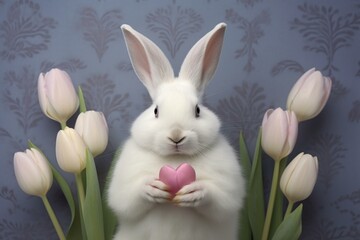 White bunny holds heart with tulips background. Generative AI