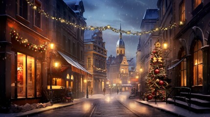 Fototapeta na wymiar Christmas Eve on the streets of a historic European town