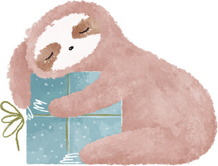 Cute sleeping sloth hugging gift box illustration. Christmas Hand drawn illustration. Baby animal art - 667264909