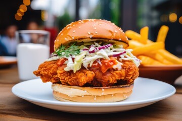 Juicy Grilled Chicken Burger on a Rustic Wooden Table