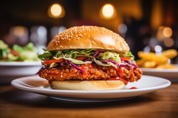 Juicy Grilled Chicken Burger on a Rustic Wooden Table