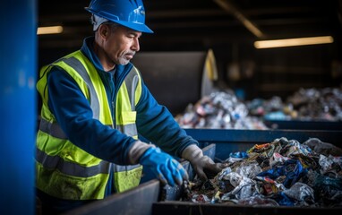 A Recycle worker sorting trash from a conveyor belt at a recycling center. for the environment. - obrazy, fototapety, plakaty