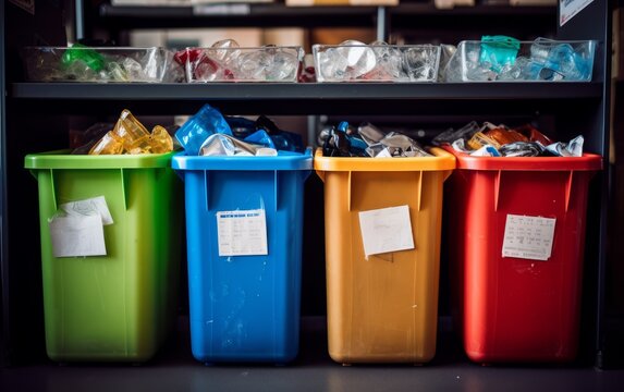 Recycle bins and trash sorting trays at home. Dedicated recycling area at home