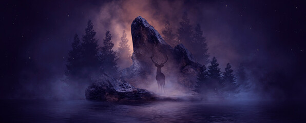 Dark fantasy mountain landscape, river bank, deer on a mountain in the forest, reflection in the water. 3D illustration - obrazy, fototapety, plakaty