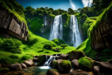 In the evening, under a pristine blue sky, an awe-inspiring waterfall cascades into a lush green field, creating a truly magnificent and breathtaking scene