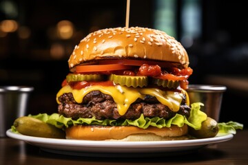 Classic American Cheeseburger with Juicy Patty and Fresh Toppings