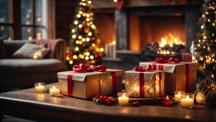 Pacchetti di regali di Natale con sfondo natalizio, albero di Natale e luci