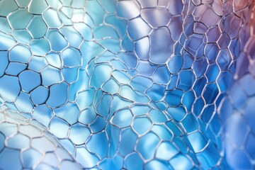 bright blue plastic iridescent hexagons holographic neon fabric with drapes. luxury horizontal macro backdrop