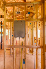 New Home construction with wood and electrical wiring boxes - 667265763